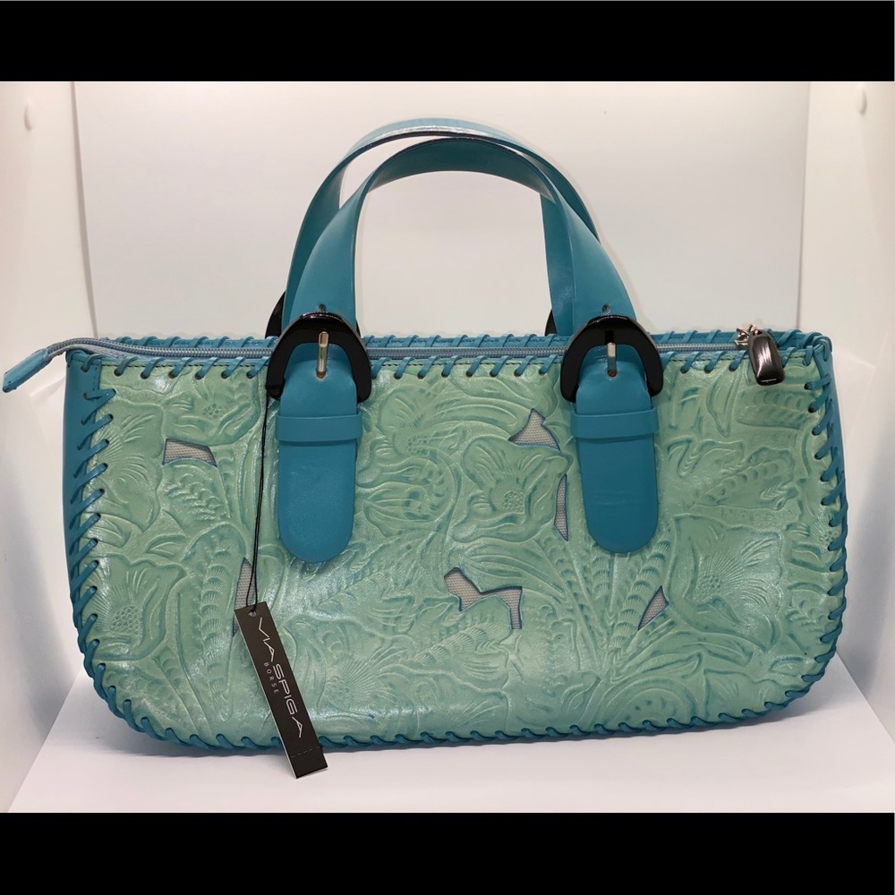 VIA SPIGA turquoise leather embossed bag